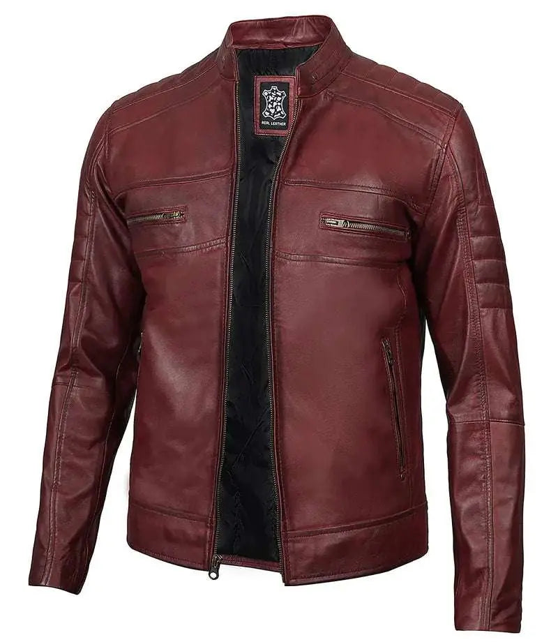 Mens Maroon Cafe Racer Leather Jacket - Orca Cloths