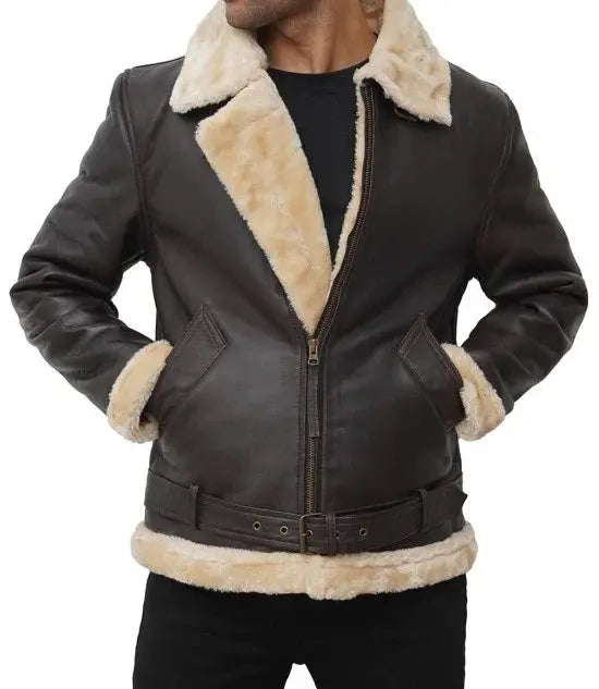 Mens Real Leather Dark Brown Shearling Bomber Jacket - Orca Cloths