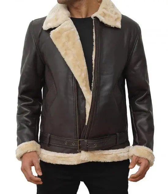 Mens Real Leather Dark Brown Shearling Bomber Jacket - Orca Cloths