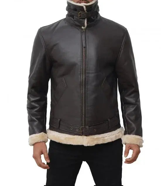 Mens Real Leather Dark Brown Shearling Bomber Jacket - Orca Cloths