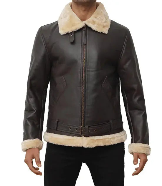 Mens Real Leather Dark Brown Shearling Bomber Jacket - Orca Cloths