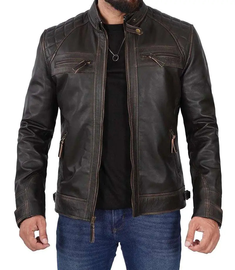 Diamond Men's Tall Distressed Brown Motorcycle Leather Jacket