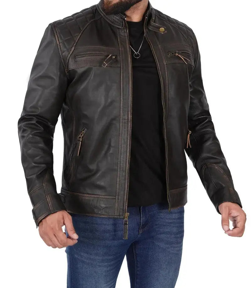 Diamond Men's Tall Distressed Brown Motorcycle Leather Jacket - Orca Cloths