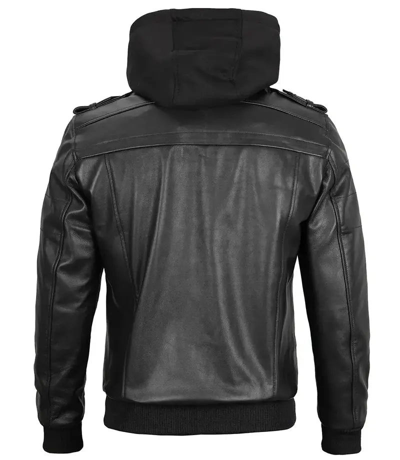 Edinburgh Tall Mens Black Leather Jacket with Removable Hoodie - Orca Cloths