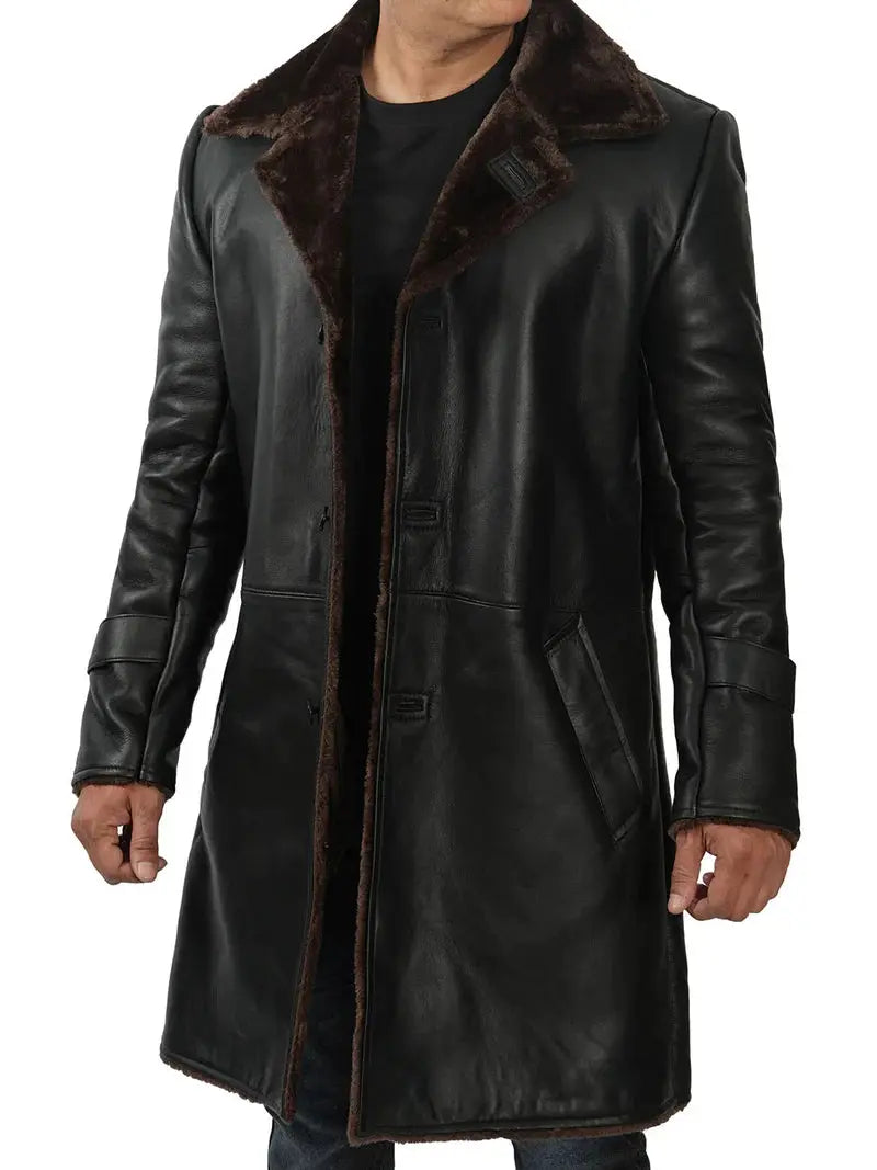 Chandler 3/4 Length Black Shearling Coat Mens - Orca Cloths