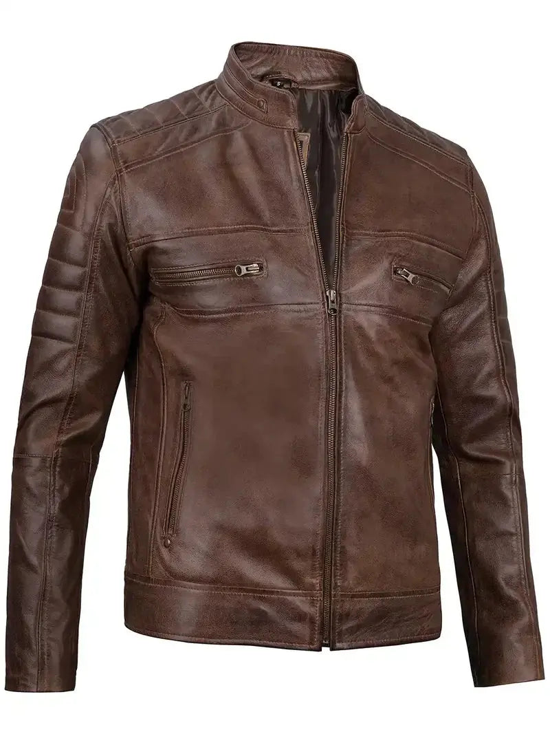 Austin Distressed Coffee Brown Cafe Racer Leather Jacket for Men Orca Cloths