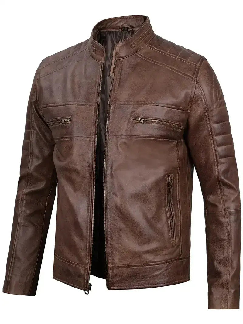 Austin Distressed Coffee Brown Cafe Racer Leather Jacket for Men Orca Cloths