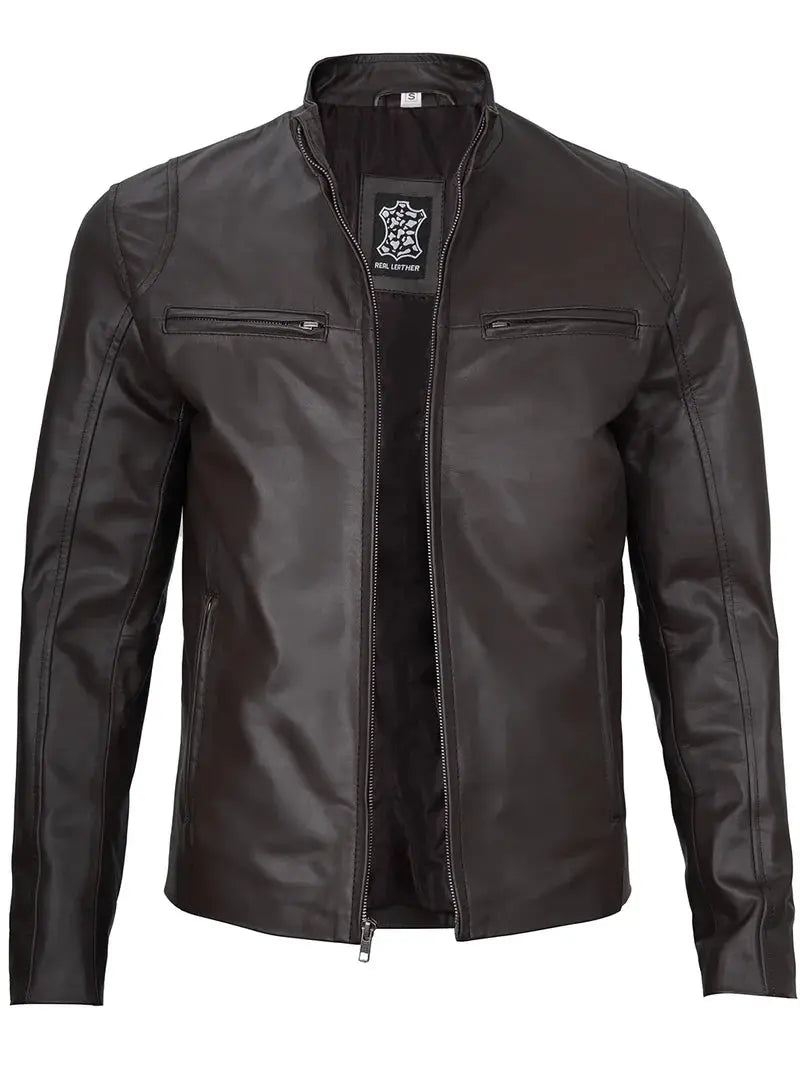Clinton Dark Brown Cafe Racer Leather Jacket - Orca Cloths