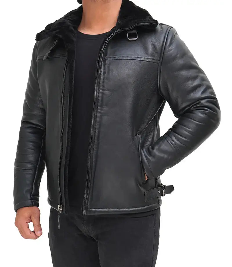 Mitchel Black Real Leather Mens Shearling Bomber Jacket - Orca Cloths