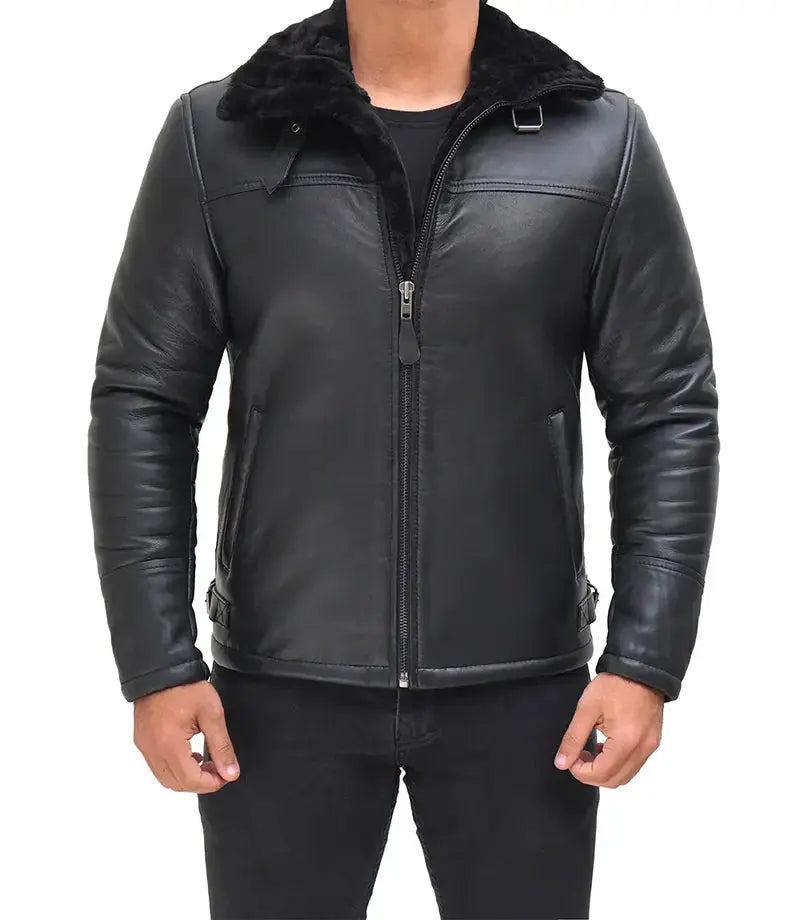 Mitchel Black Real Leather Mens Shearling Bomber Jacket - Orca Cloths