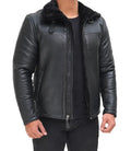 Mitchel Black Real Leather Mens Shearling Bomber Jacket - Orca Cloths