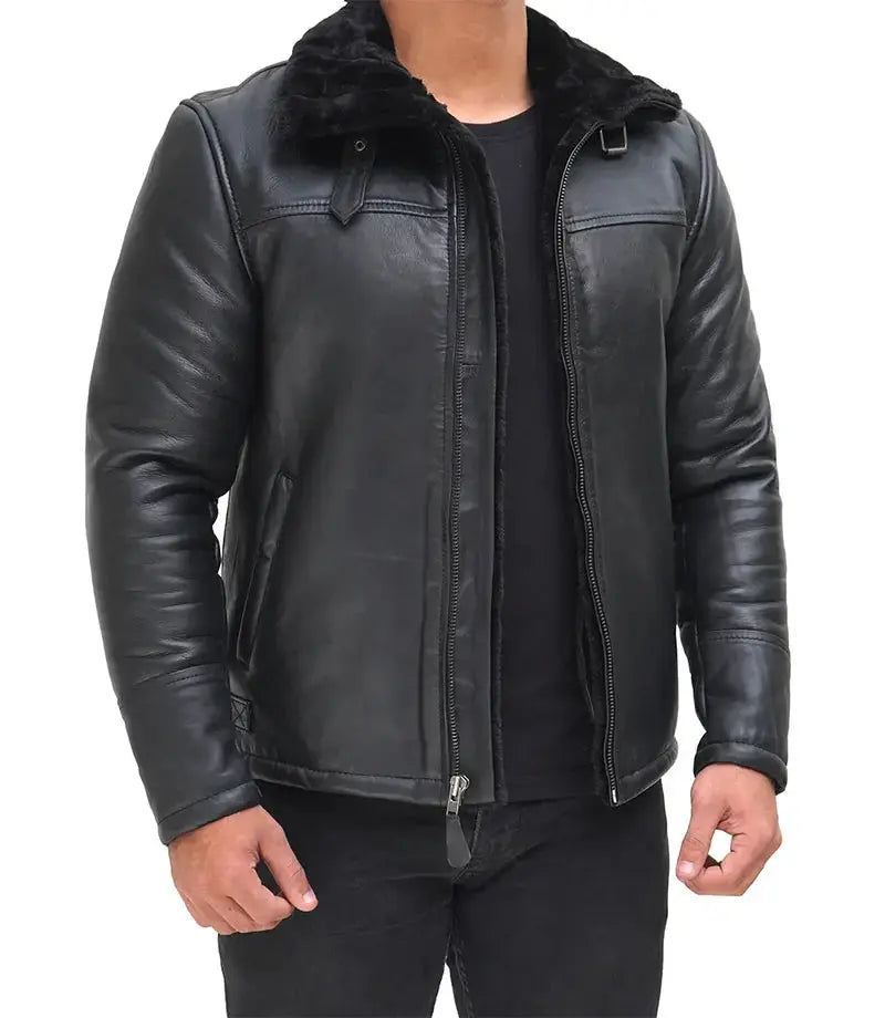 Mitchel Black Real Leather Mens Shearling Bomber Jacket - Orca Cloths