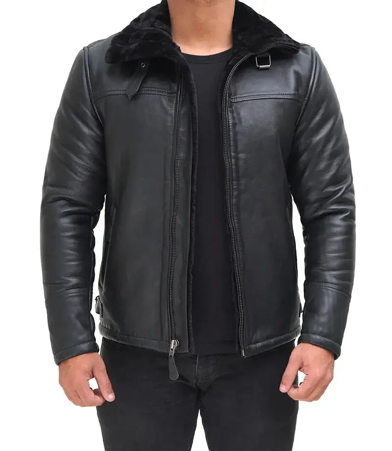 Mitchel Black Real Leather Mens Shearling Bomber Jacket - Orca Cloths