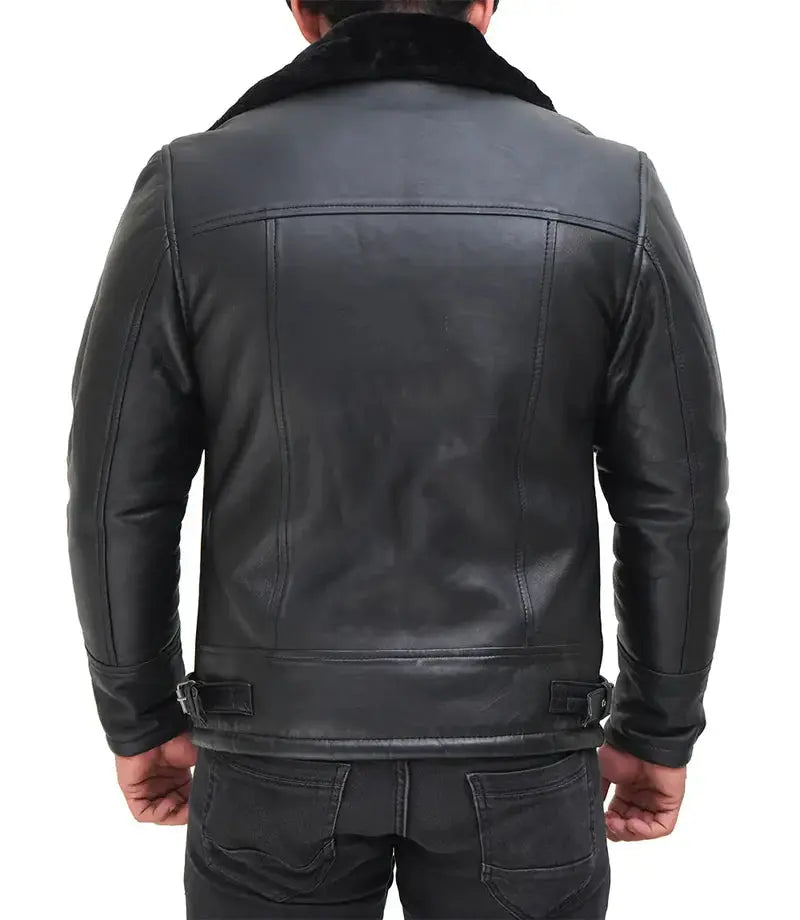 Mitchel Black Real Leather Mens Shearling Bomber Jacket - Orca Cloths