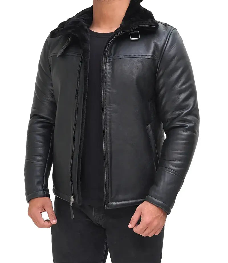 Mitchel Black Real Leather Mens Shearling Bomber Jacket - Orca Cloths