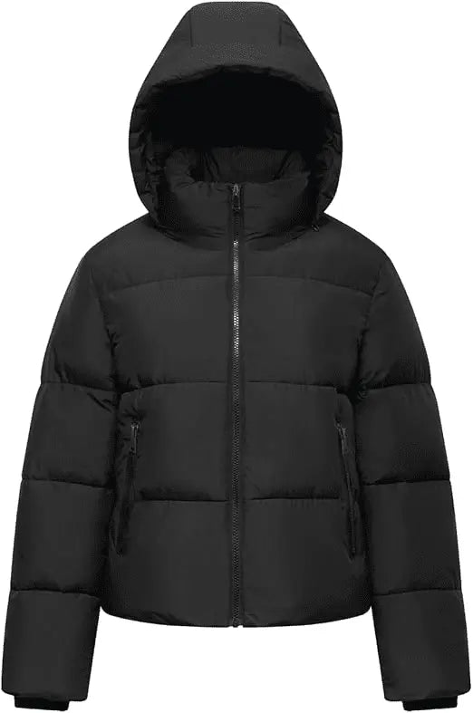 PUFFIT Women's Puffer Jackets,Warm Winter Jacket with Removable Hood,Zipped Pockets,Short Ladies Quilted Coat