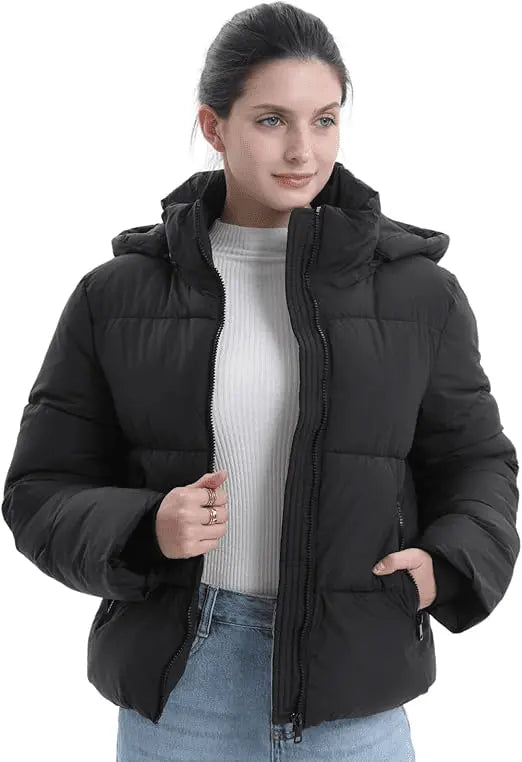 PUFFIT Women's Puffer Jackets,Warm Winter Jacket with Removable Hood,Zipped Pockets,Short Ladies Quilted Coat
