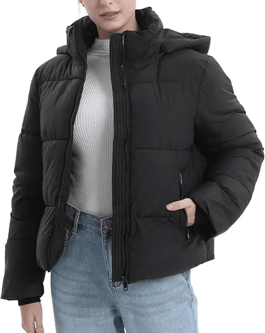 PUFFIT Women's Puffer Jackets,Warm Winter Jacket with Removable Hood,Zipped Pockets,Short Ladies Quilted Coat