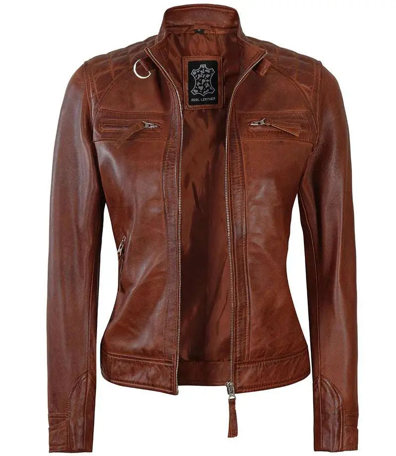 Rachel Women's Cognac Wax Biker Leather Jacket