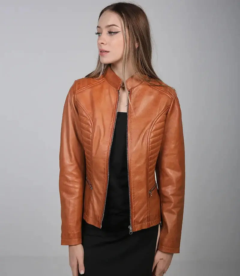Rachel Womens Tan Cafe Racer Leather Jacket Orca Cloths