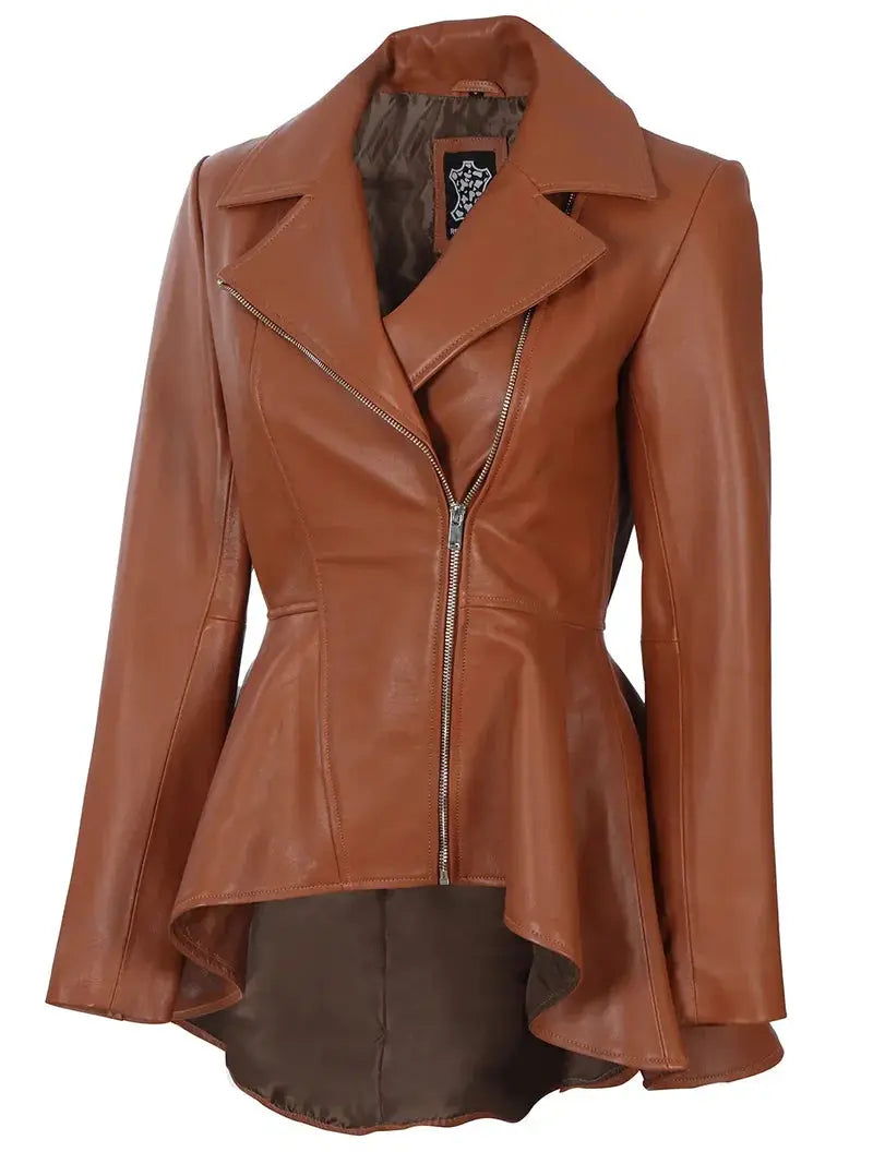 Clarissa Womens Cognac Wax Peplum Leather Jacket - Orca Cloths