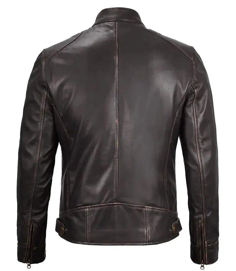 Dodge Mens Rub-off Dark Brown Leather Cafe Racer Jacket - Orca Cloths