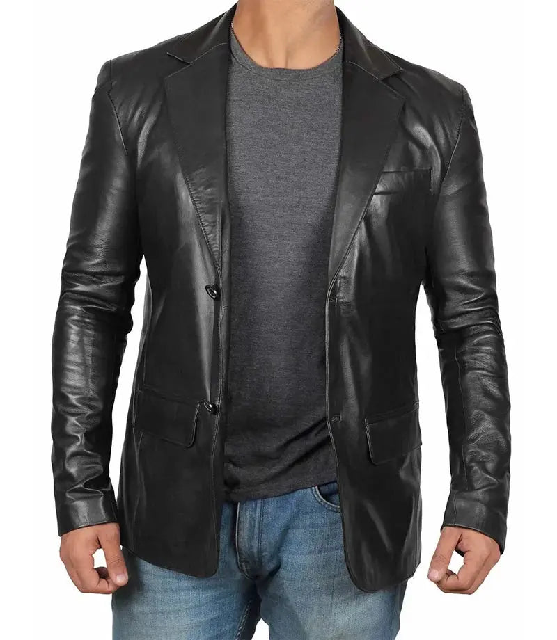 Tall Men's Two Buttons Black Real Leather Blazer Orca Cloths