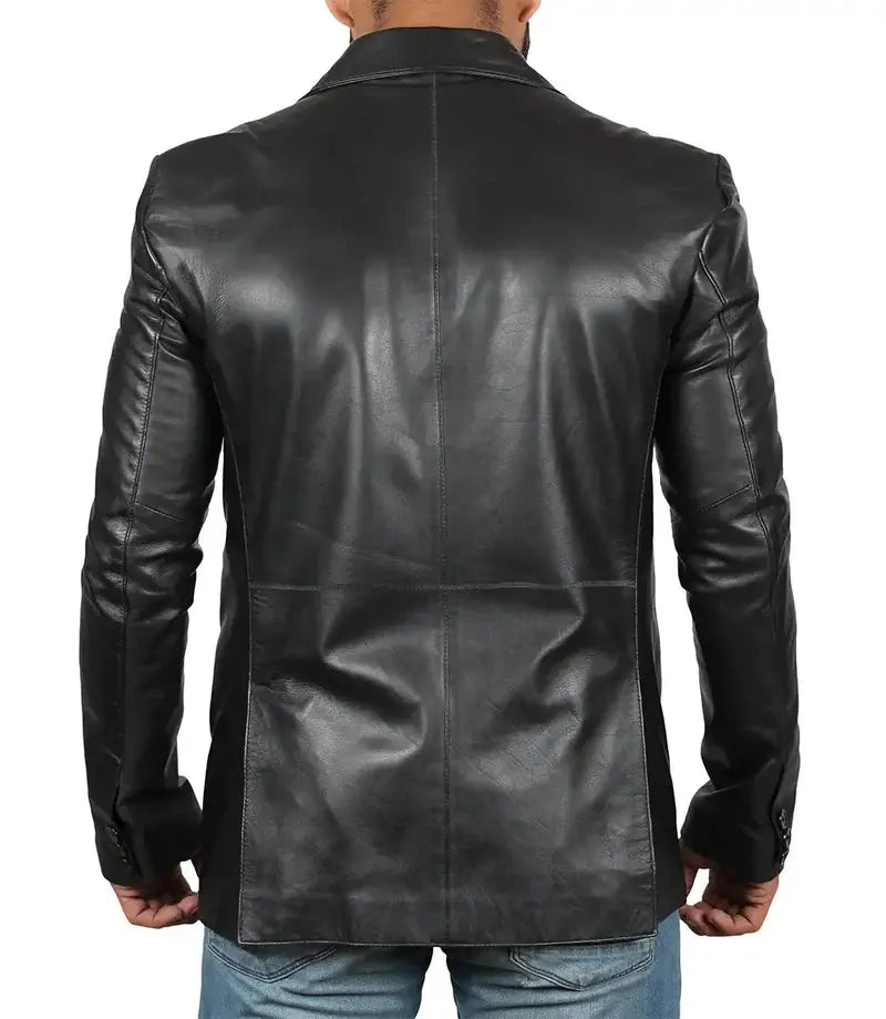 Tall Men's Two Buttons Black Real Leather Blazer Orca Cloths
