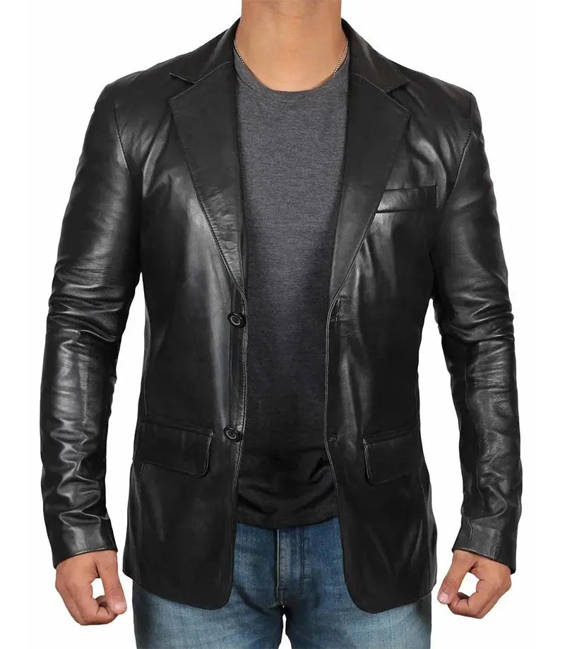Tall Men's Two Buttons Black Real Leather Blazer Orca Cloths