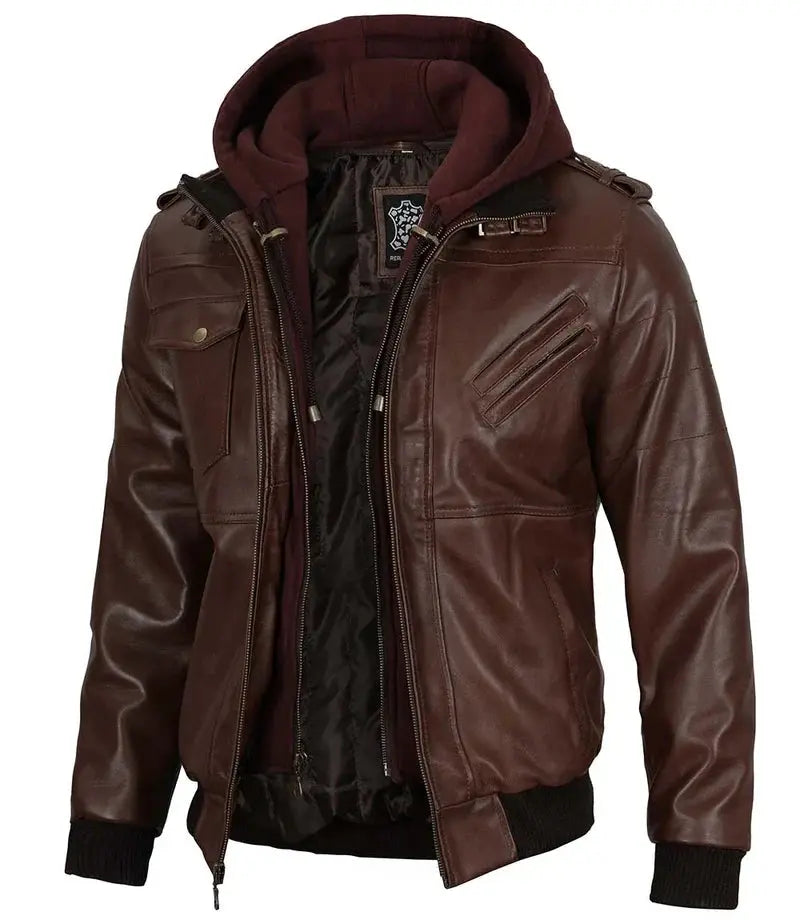 Tall Mens Bomber Dark Brown Removable Hooded Leather Jacket Orca Cloths