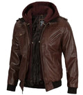Tall Mens Bomber Dark Brown Removable Hooded Leather Jacket Orca Cloths