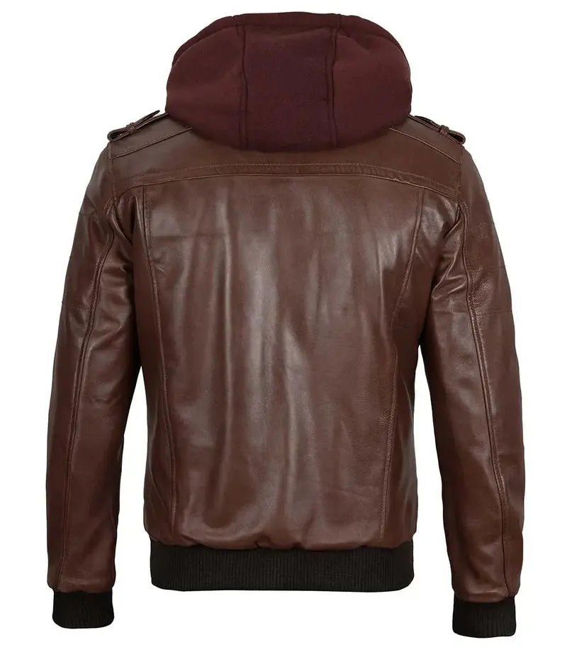 Tall Mens Bomber Dark Brown Removable Hooded Leather Jacket Orca Cloths