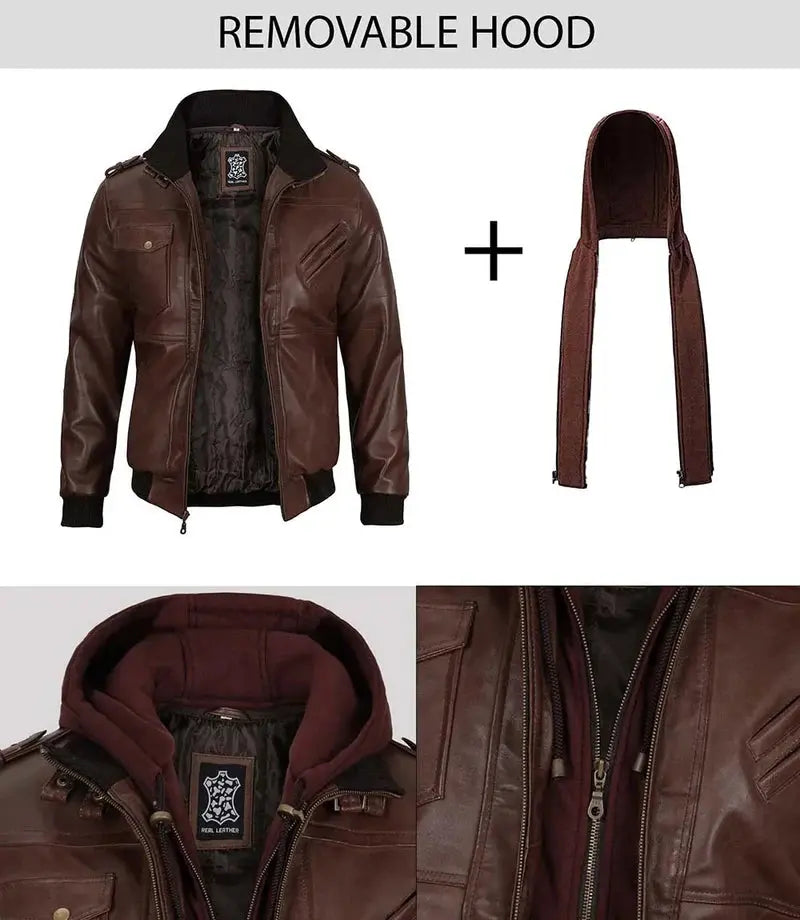 Tall Mens Bomber Dark Brown Removable Hooded Leather Jacket Orca Cloths