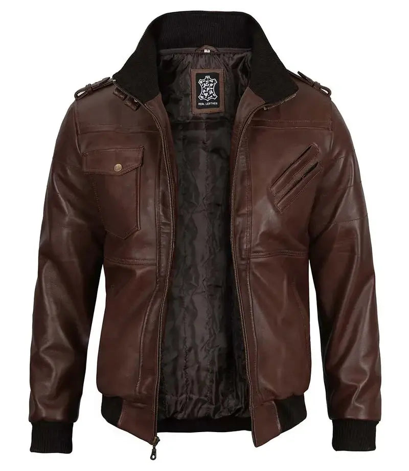 Tall Mens Bomber Dark Brown Removable Hooded Leather Jacket Orca Cloths