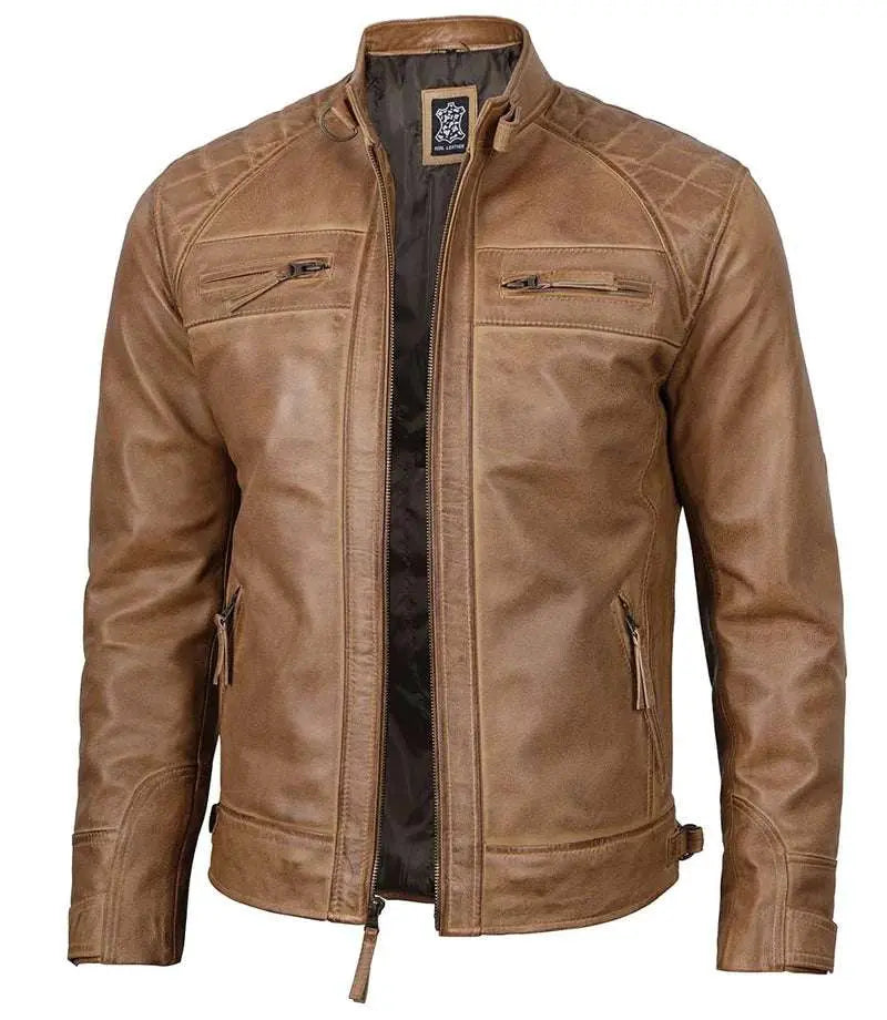Tall Mens Distressed Camel Cafe Racer Leather Jacket