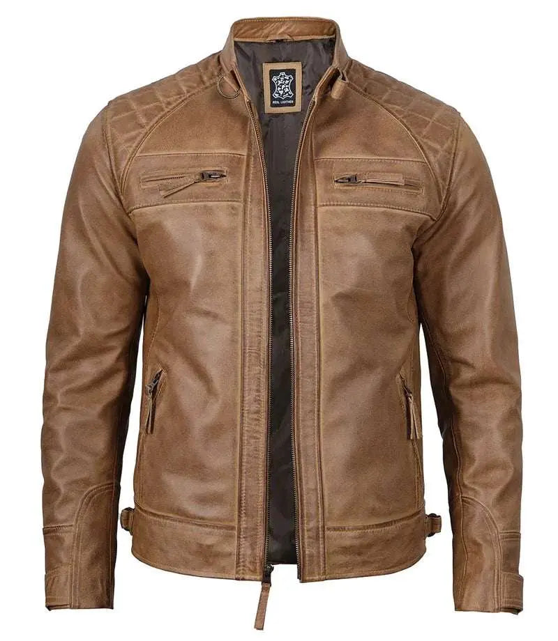 Tall Mens Distressed Camel Cafe Racer Leather Jacket
