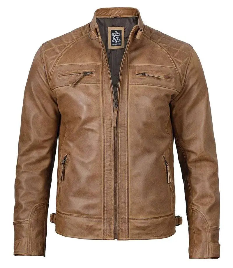 Tall Mens Distressed Camel Cafe Racer Leather Jacket