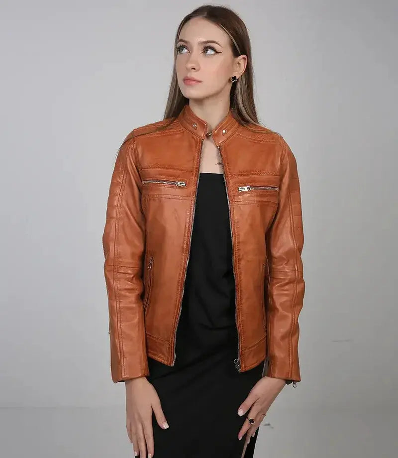 Austin Tan Motorcycle Leather Jacket for Women - Orca Cloths