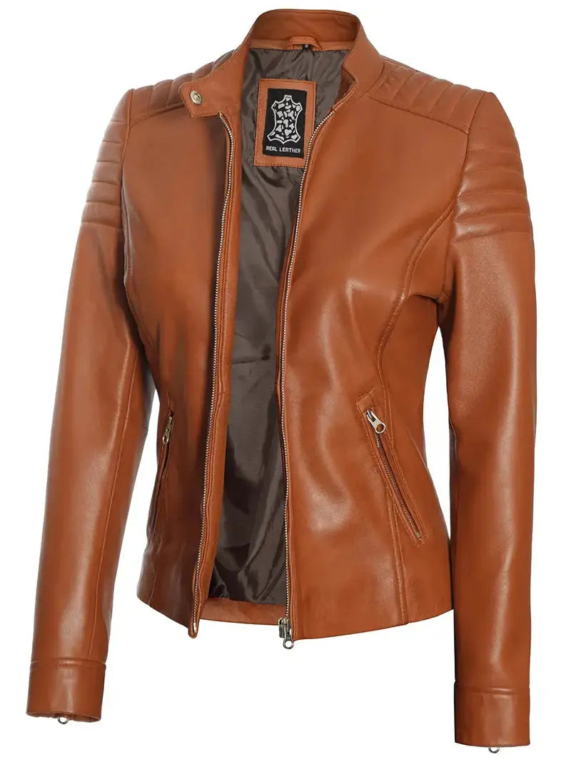 Carrie Women Tan Cafe Racer Leather Biker Jacket - Orca Cloths