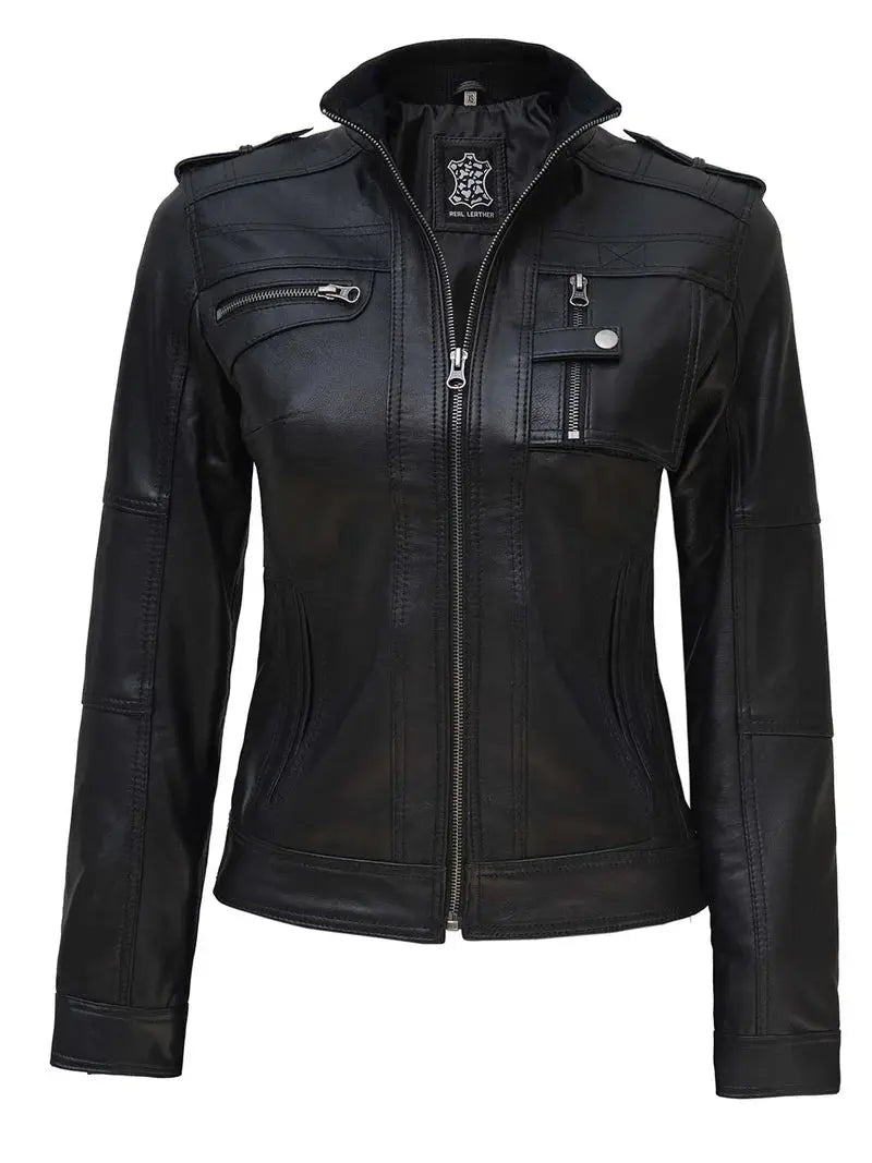 Tavares Womens Black Cafe Racer Leather Jacket Orca Cloths