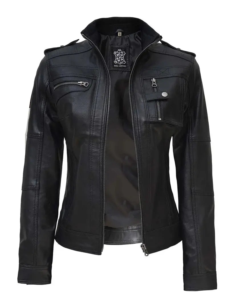 Tavares Womens Black Cafe Racer Leather Jacket Orca Cloths