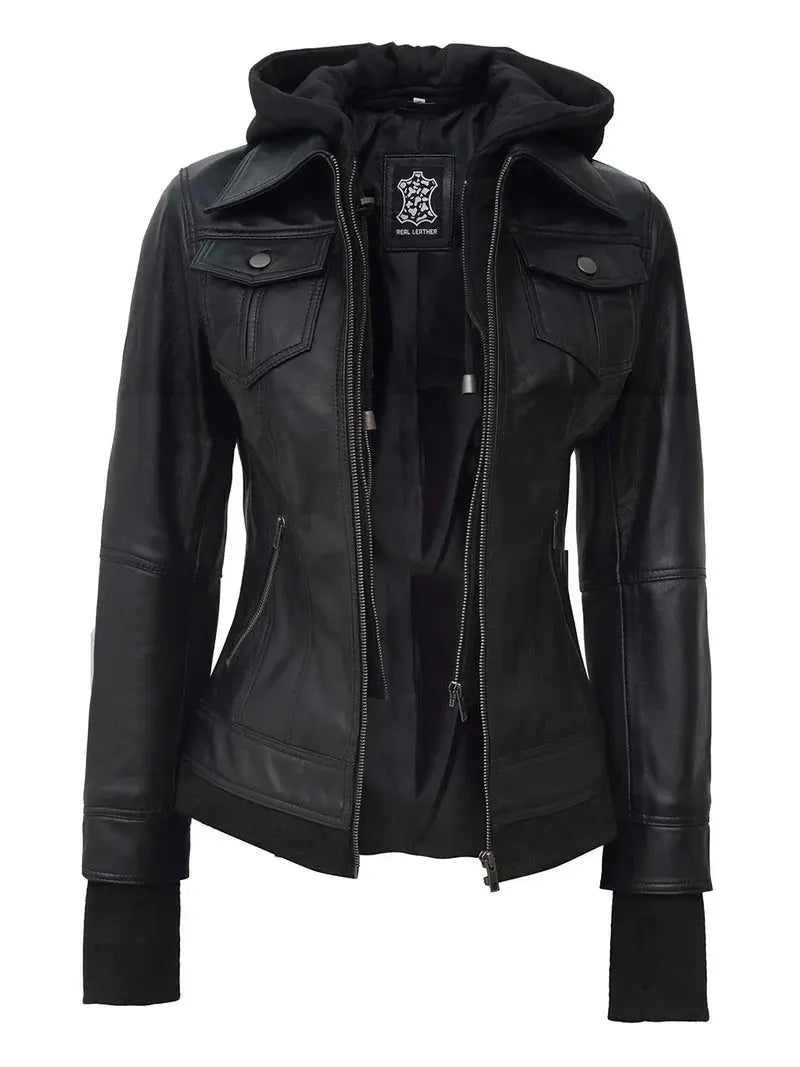 Tralee Petite Women's Black Motorcycle Leather Jacket with Hood Orca Cloths