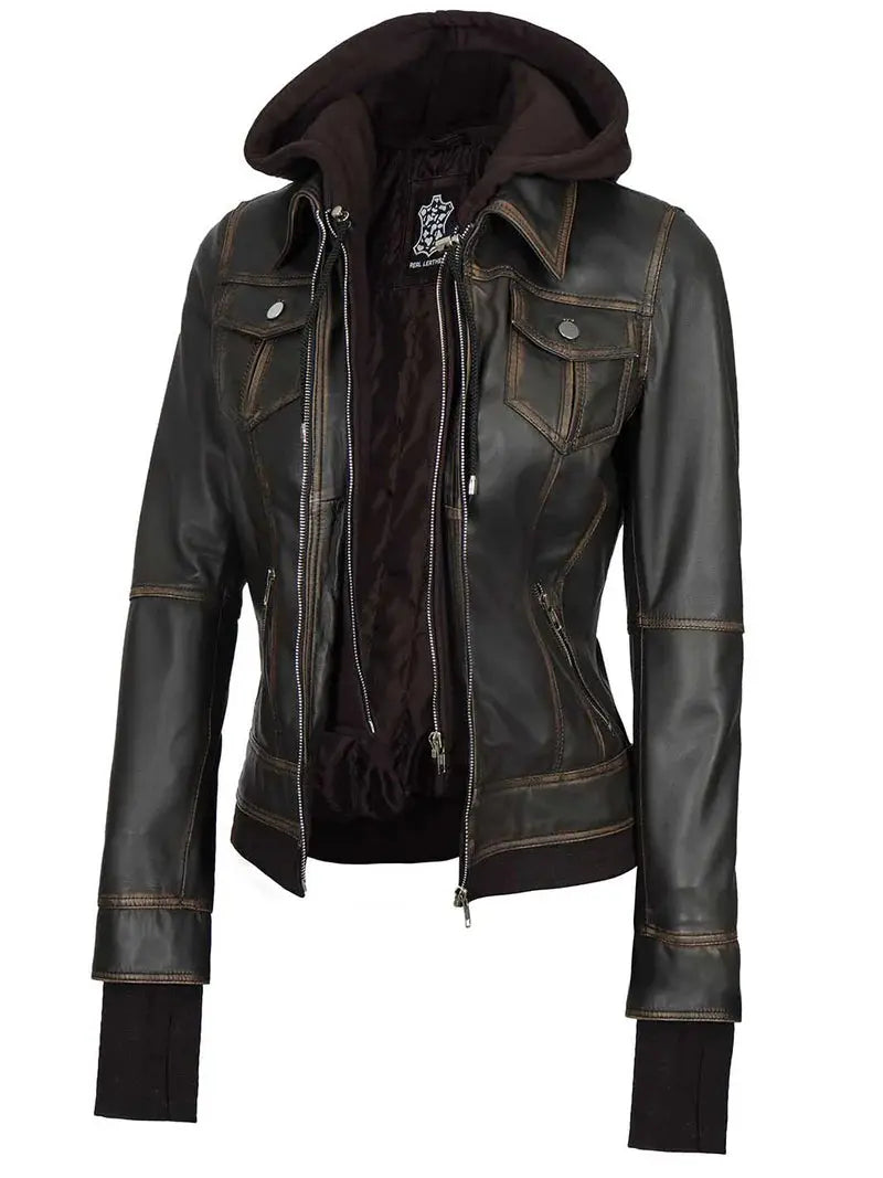 Tralee Women Dark Brown Ruboff Bomber Leather Jacket With Hood Orca Cloths