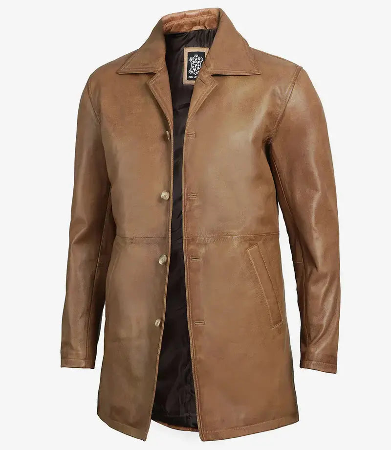 Winchester Men's Camel Brown 3/4-Length Leather Car Coat Orca Cloths