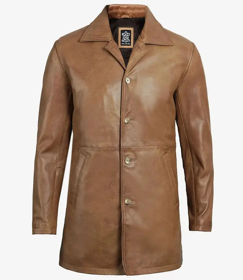 Winchester Men's Camel Brown 3/4-Length Leather Car Coat Orca Cloths
