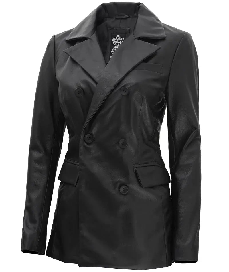 Women Black Double Breasted Leather Blazer Orca Cloths