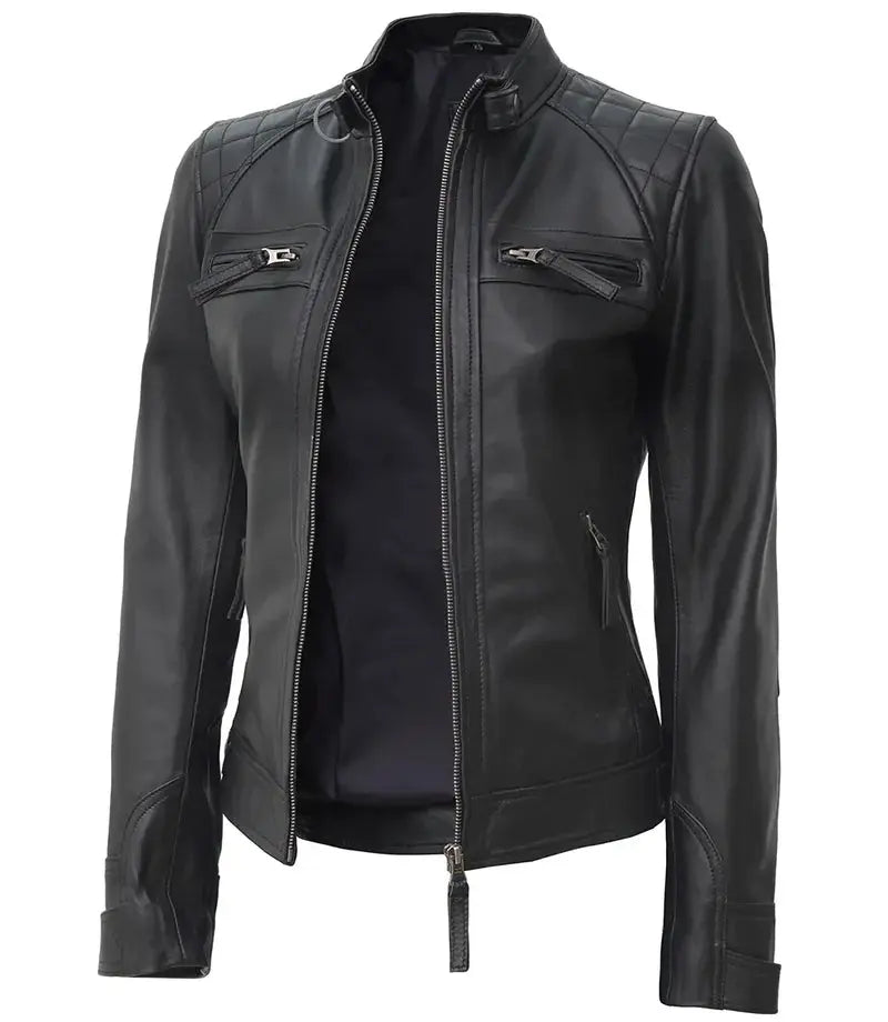 Women Petite Black Quilted Cafe Racer Leather Jacket Orca Cloths