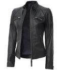 Women Petite Black Quilted Cafe Racer Leather Jacket Orca Cloths