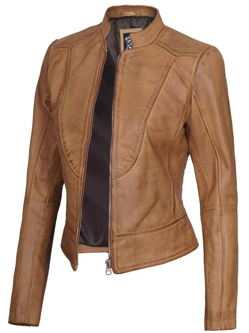 Amy Womens Camel Leather Moto Jacket Orca Cloths