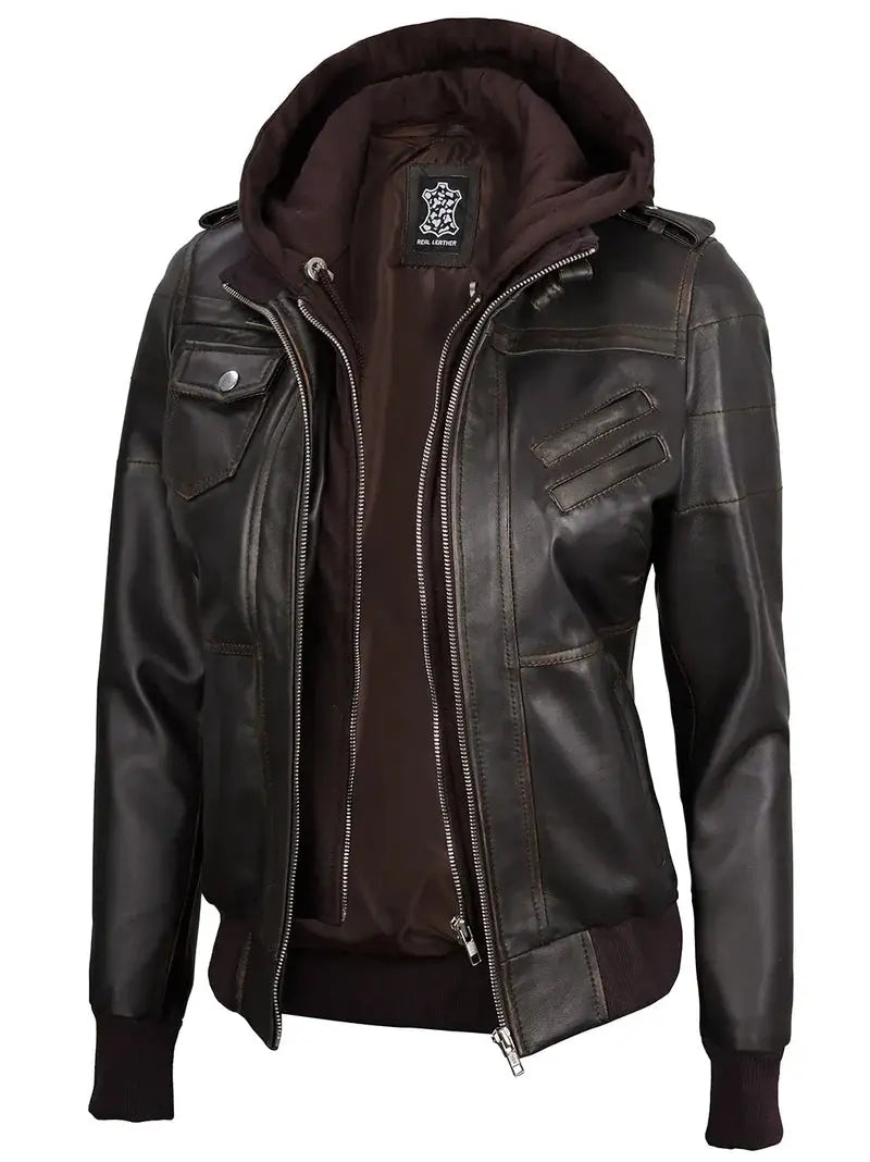 Edinburgh Rub Off Brown Leather Bomber Jacket With Removable Hood - Orca Cloths